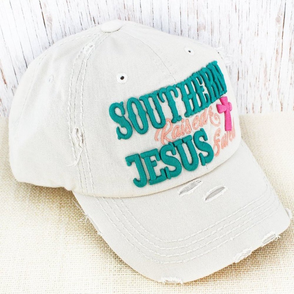 Ball Cap. "Southern Raised & Jesus Saved" Embroidered. Ecru/Multi. - Picture 2 of 3